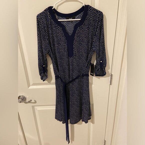 Blue and white polka dot dress with waist tie - Picture 1 of 7